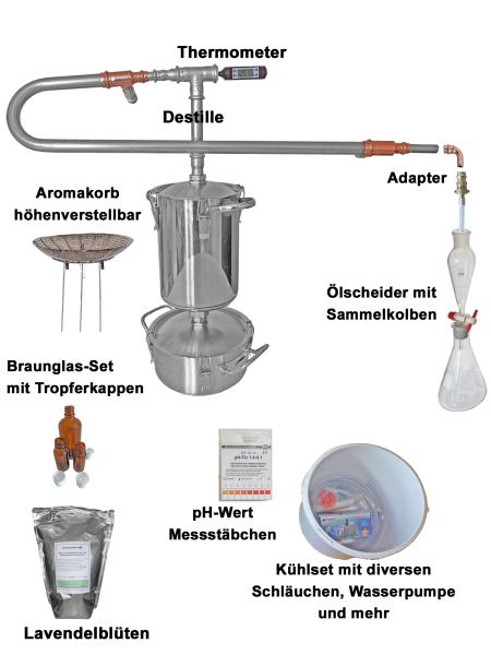DESTILLIERMEISTER E2-4 Supreme-Plus horizontal, mit allem was man zum Destillieren, Sammeln und Analysieren benötigt